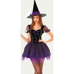 Hauntlook Wicked Witch Halloween Costume Dress and Hat Set Purple‎ Black Medium